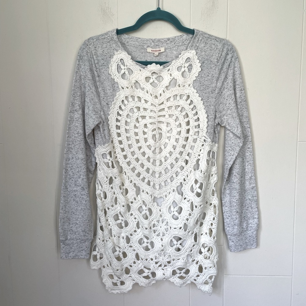 Sundance Grey Knit Sweater Tunic Top Size S Crochet Lace Lined Boho Chic